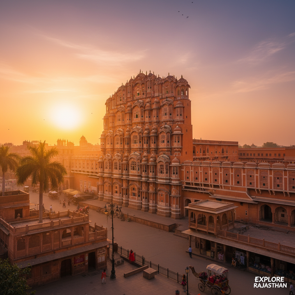 A high-quality landscape photo-style image of a famous Rajasthan monument or desert landscape, warm sunset lighting, suitable as a hero image for a travel website