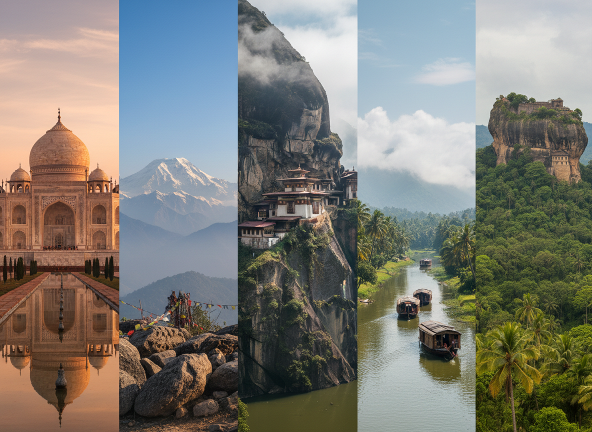 A cohesive set of travel images for a homepage hero slideshow, including: 1) the Taj Mahal at sunrise with warm light and reflections in the water, 2) the Nepal Himalayas with Mount Everest in the distance under a clear blue sky, 3) a dramatic cliffside monastery in Bhutan with misty mountains, 4) tranquil Kerala backwaters with houseboats and lush palm trees, 5) Sri Lanka's Sigiriya rock fortress rising above green jungle. All images should share a similar bright, premium travel photography style and color grading, framed wide for a website hero banner.