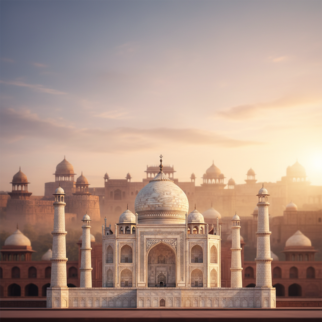 Calm, balanced Taj Mahal and Delhi-Agra-Jaipur skyline style image, warm light, subtle background suitable behind text, square crop, soft focus background travel photography
