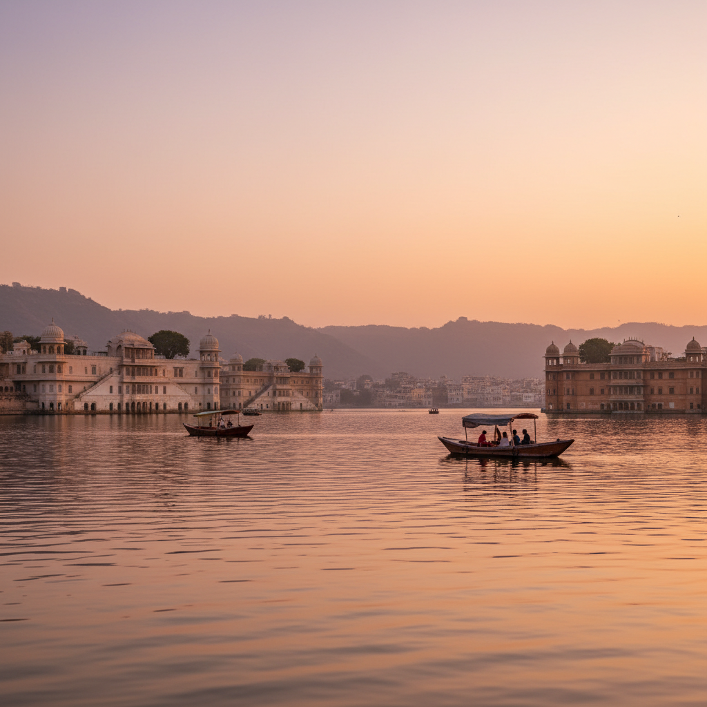 Romantic Udaipur lakes and palaces at sunset, soft warm light reflecting on water, subtle background, square crop, gentle travel photography