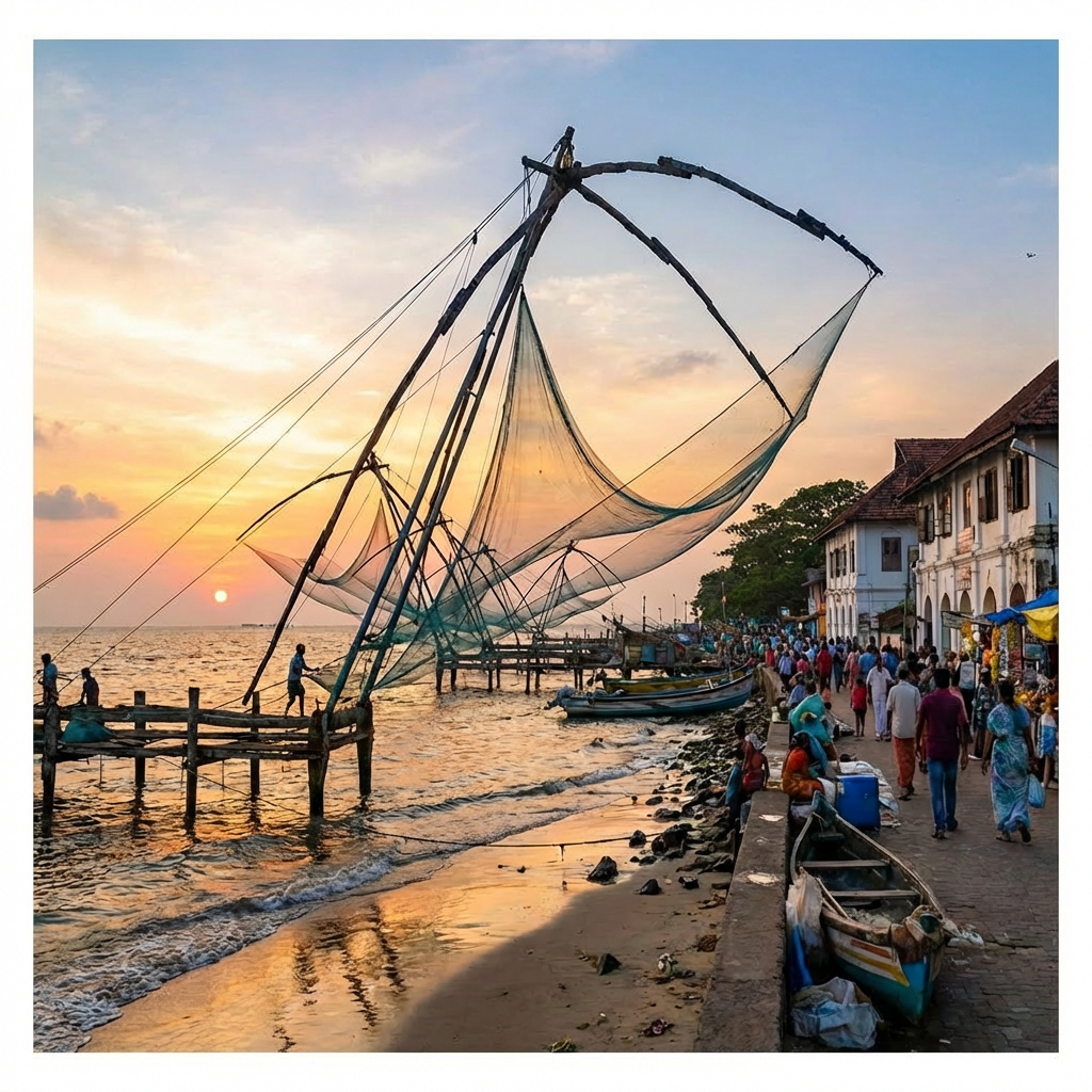 Chinese fishing nets on the shore of Fort Kochi at sunset with crowds walking nearby.