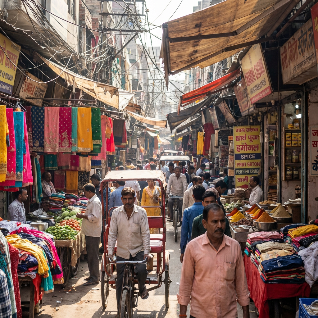 A crowded Indian market street with people, cycle rickshaws, and shops selling colorful textiles.